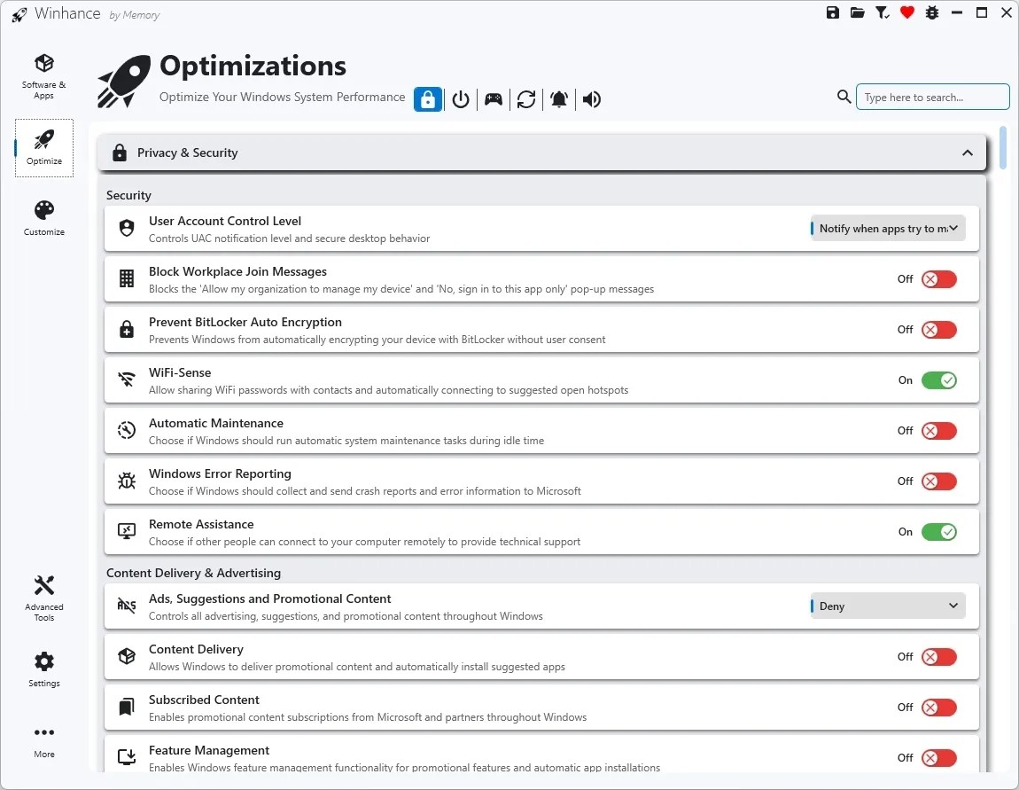 Winhance Optimize settings