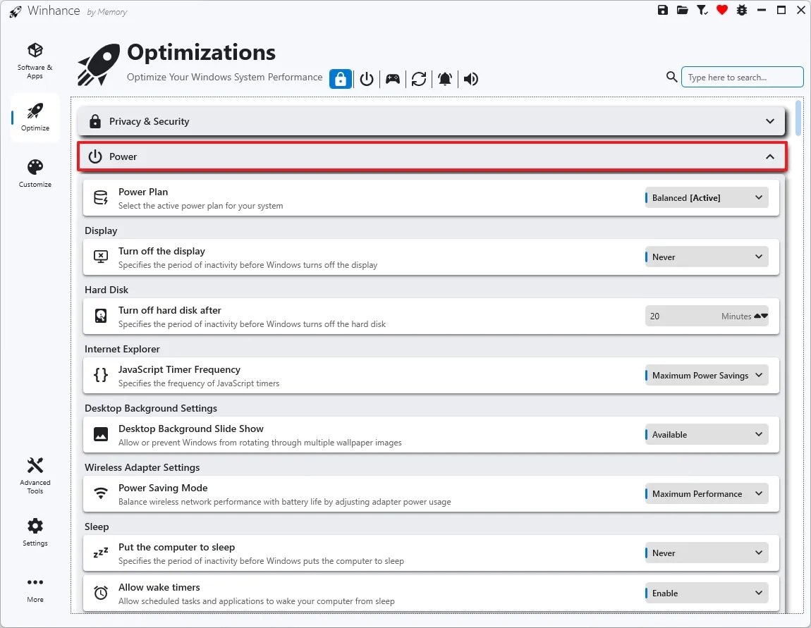 Winhance power settings