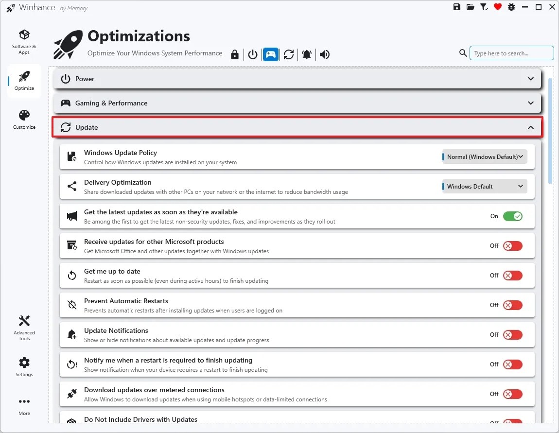 Winhance Windows Update settings