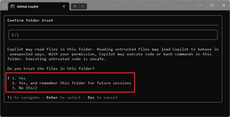 Copilot CLI confirm folder trust