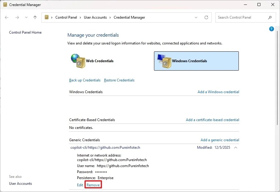 Credential Manager remove GitHub login