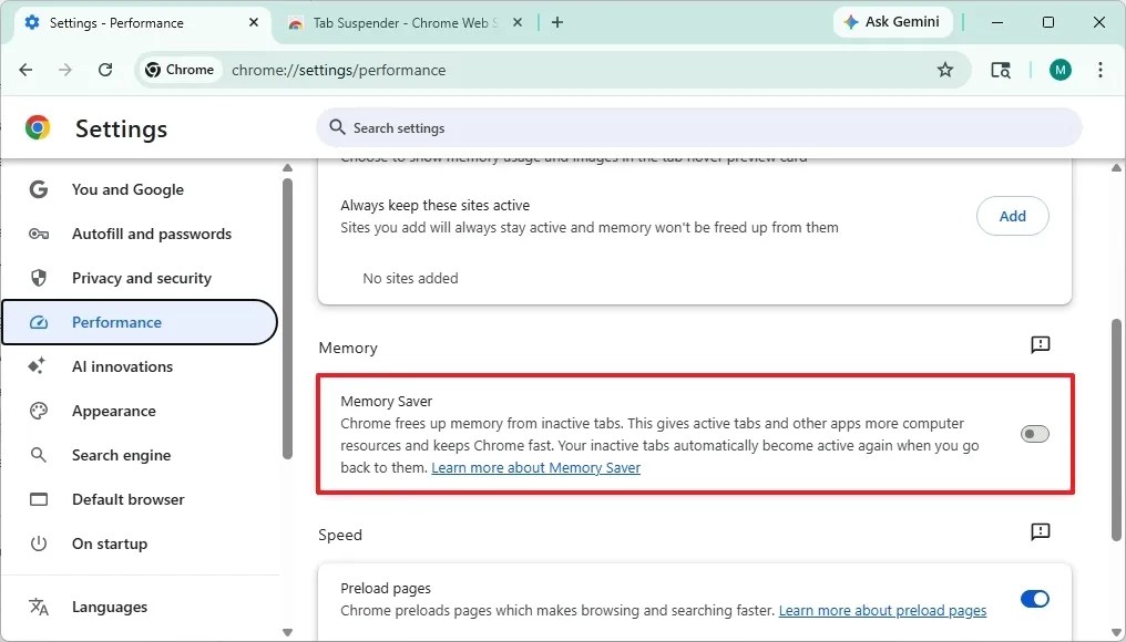 Disable Memory Saver in Chrome