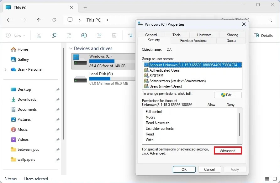 Drive C security tab with Advanced option