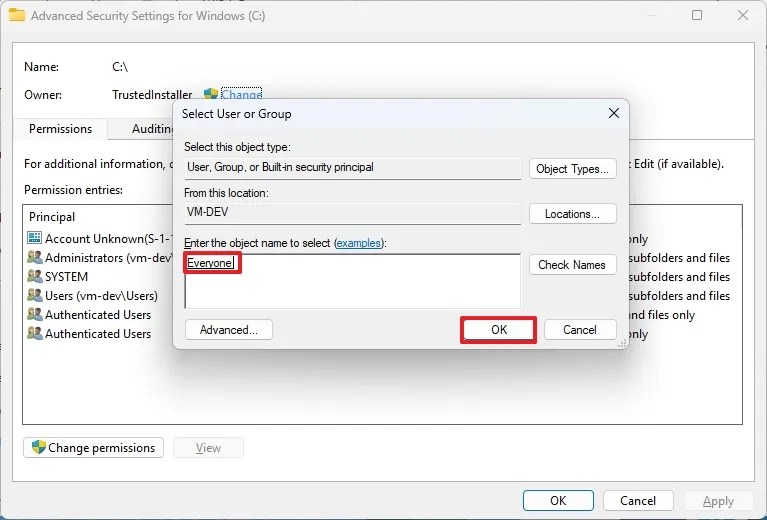 Select User or Group Everyone