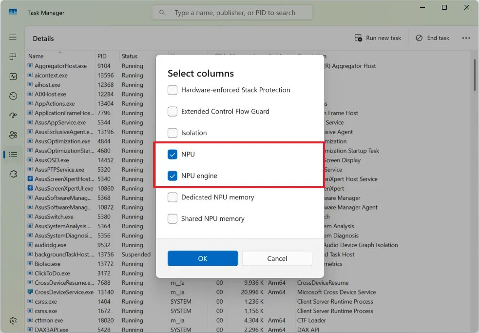 Task Manager new NPU columns