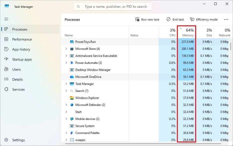 Task Manager check RAM usage