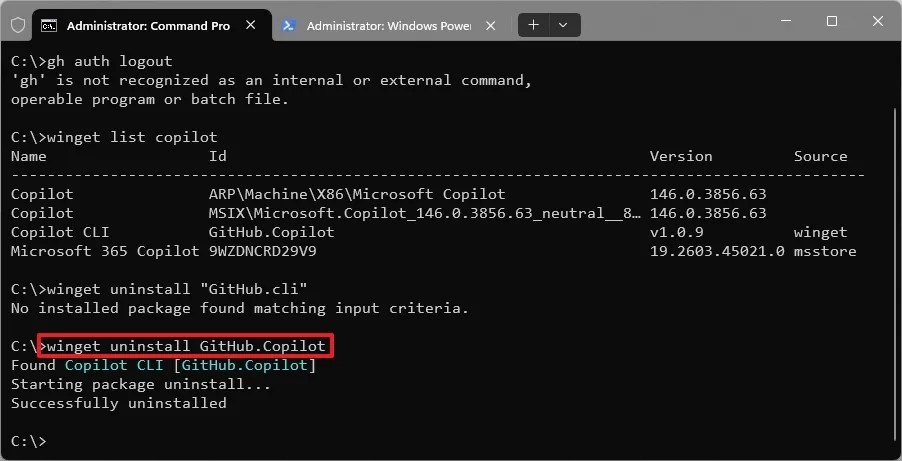 Uninstall Copilot CLI winget