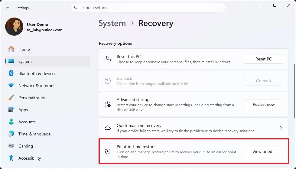 Point-in-time restore setting