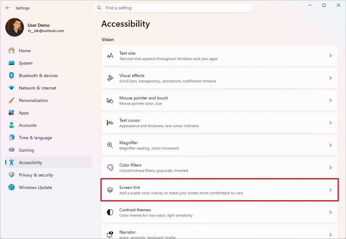Accessibility Screen Tint page