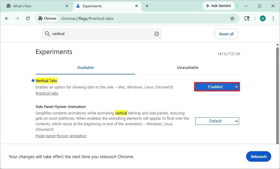 Chrome flags enable Veridical tabs