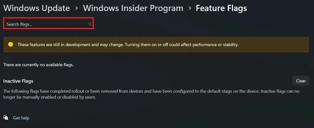Feature flags settings page on Windows 11