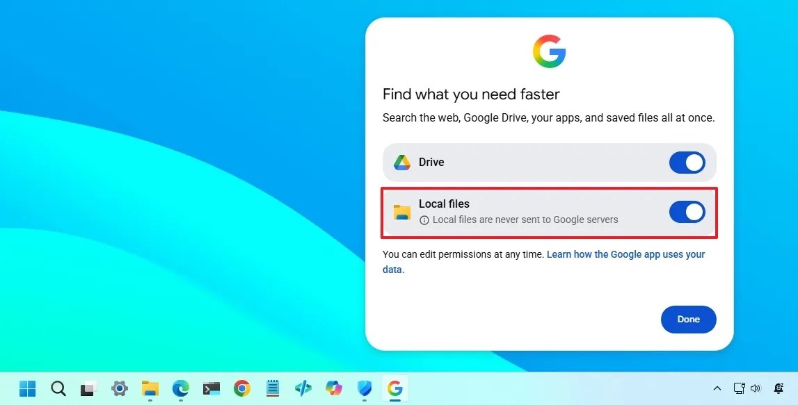 Google app Local files search option