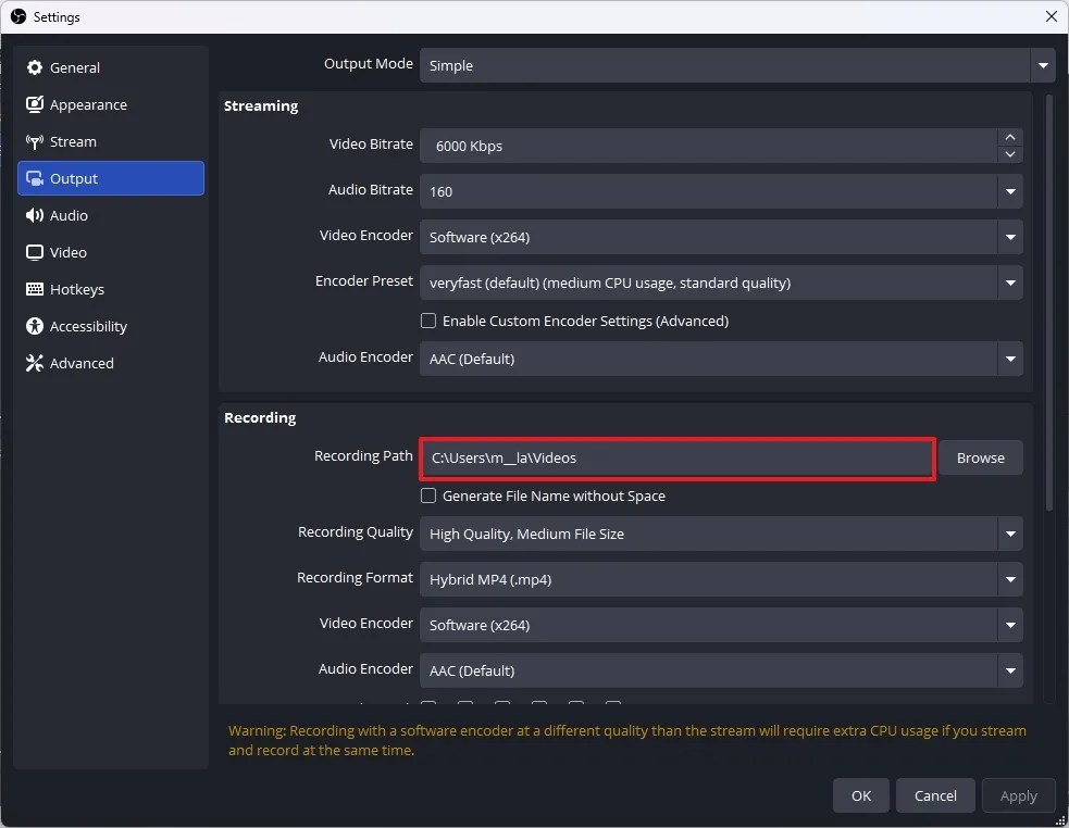 OBS recording path setting