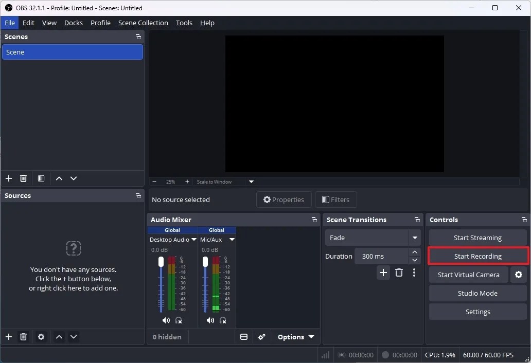 OBS start recording option