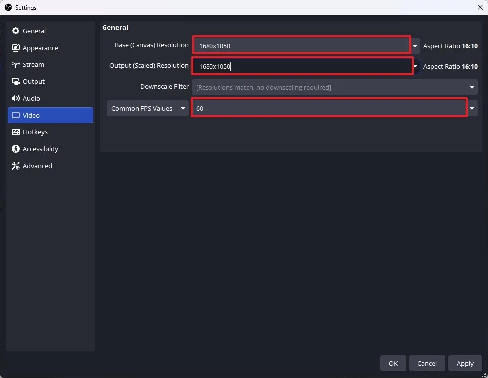 OBS video settings