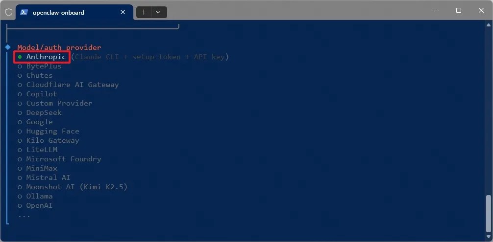 OpenClaw AI model provider selection