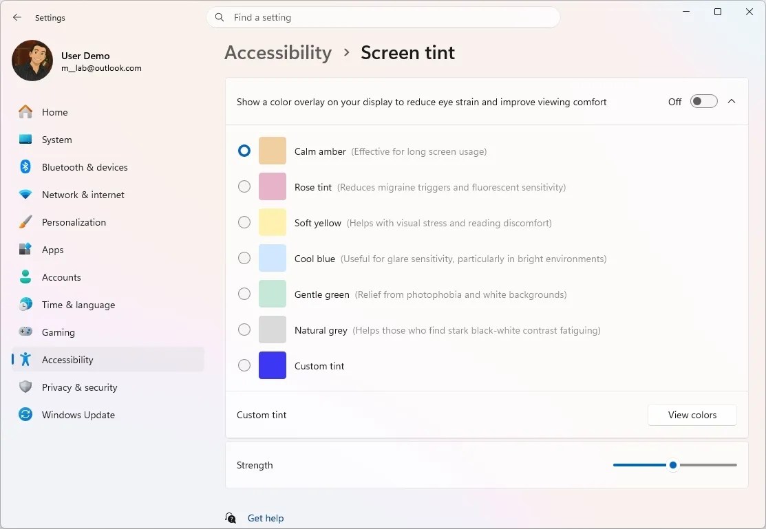 Screen Tint feature