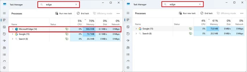 Task Manager, Startup Boost enabled (left), disabled (right)