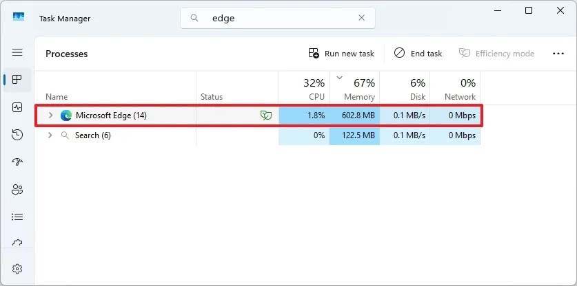 Task Manager with Edge RAM usage