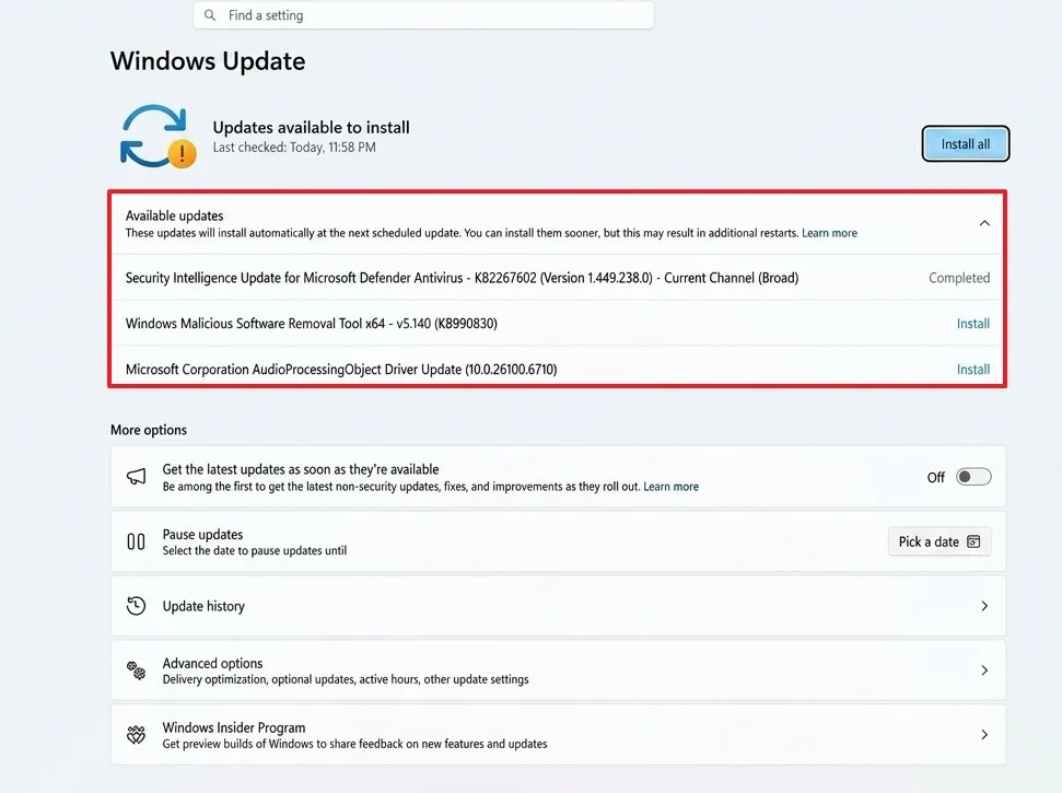 Windows 11 Available Updates setting