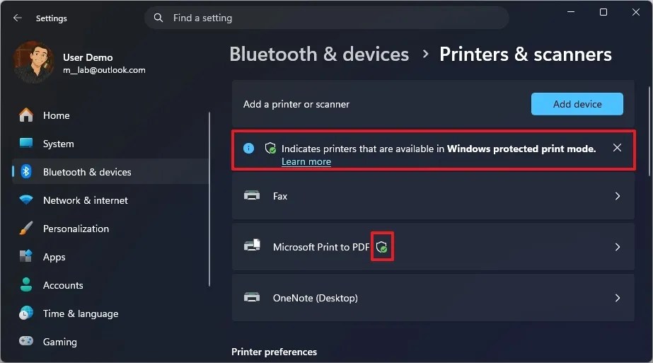 Windows Protected Print Mode indicator