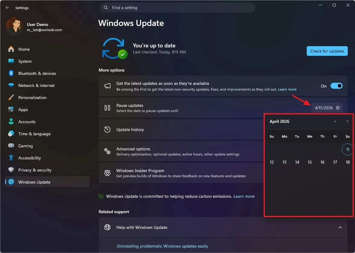 Windows Update new pause setting / Image: Mauro Huculak
