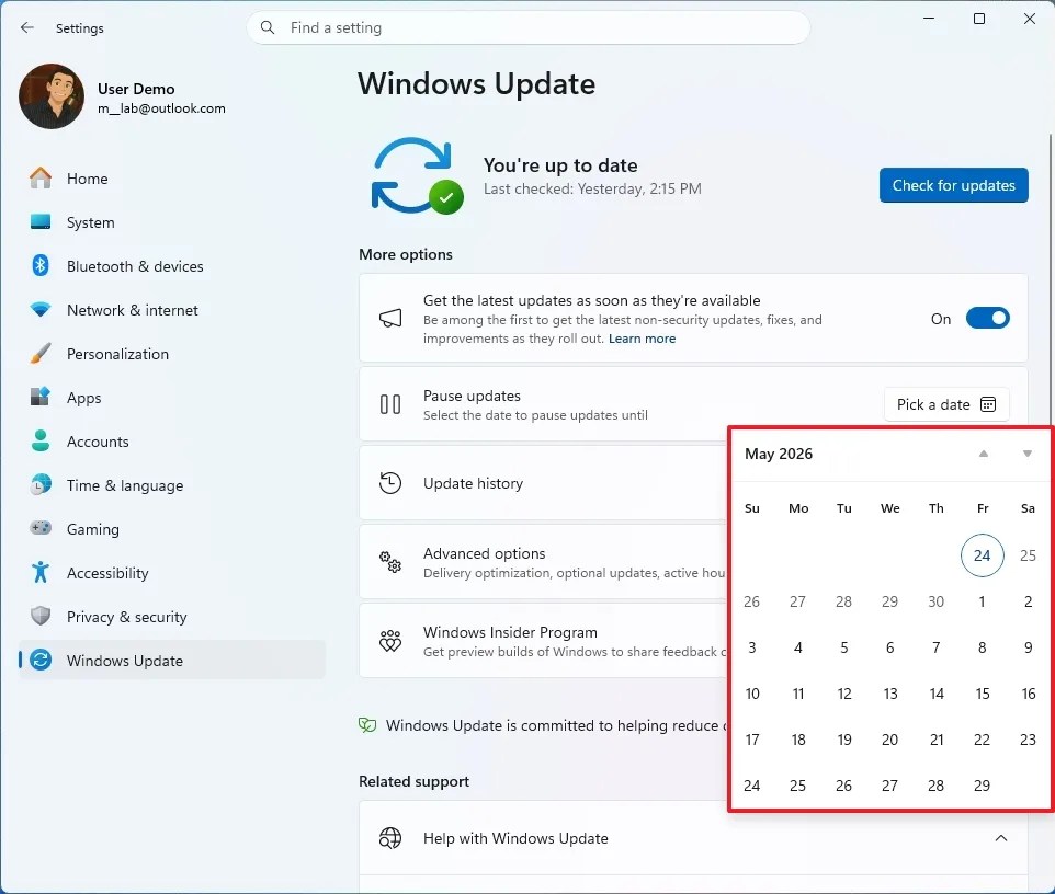Windows Update new pause setting