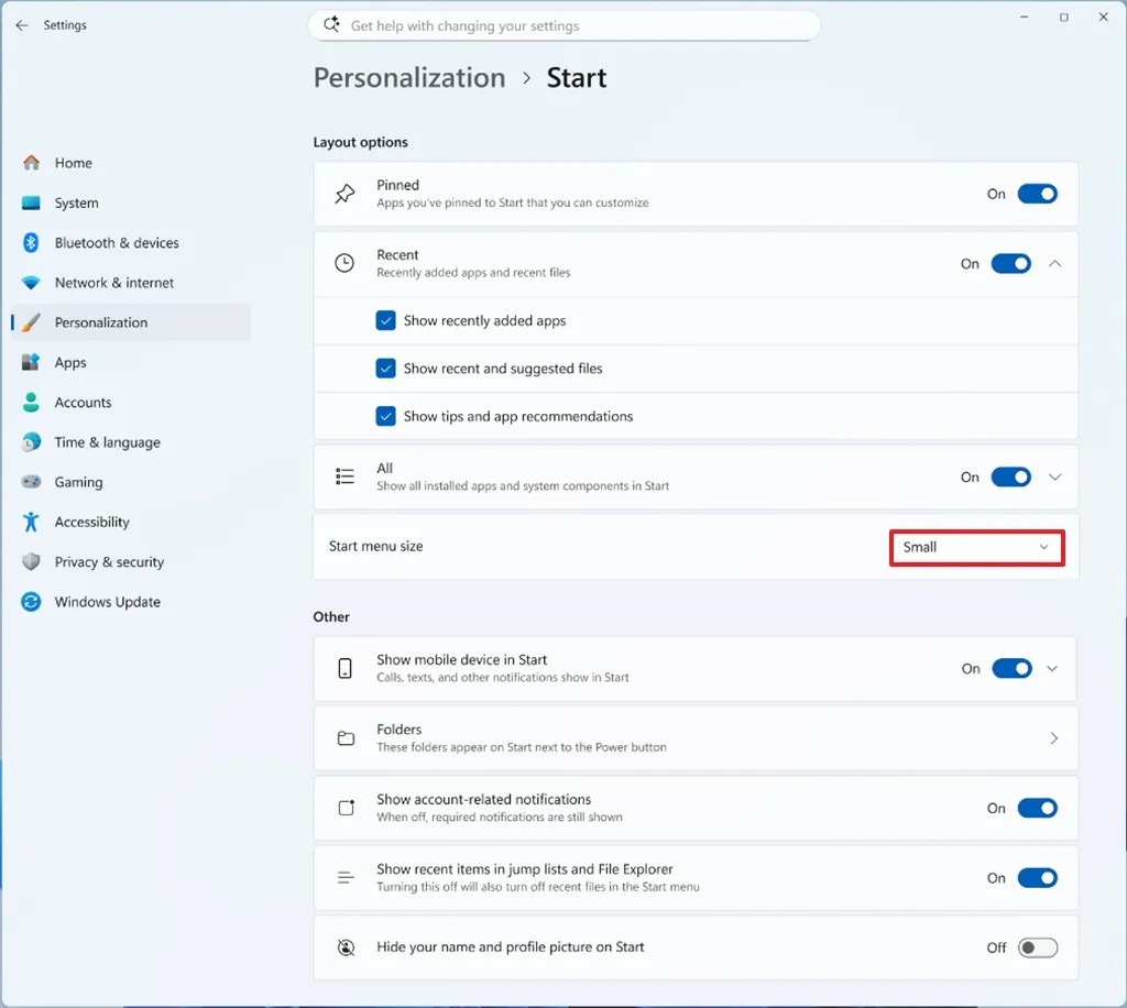 Start menu size option
