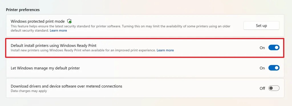 Default install printers using Windows Ready Print