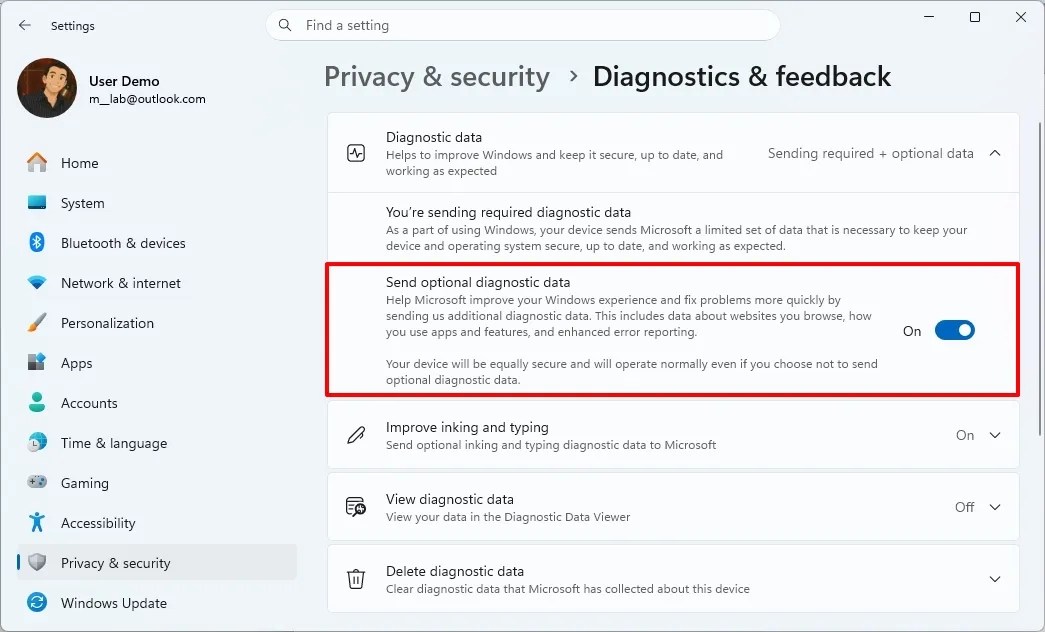 Windows 11 enable optional diagnostic data