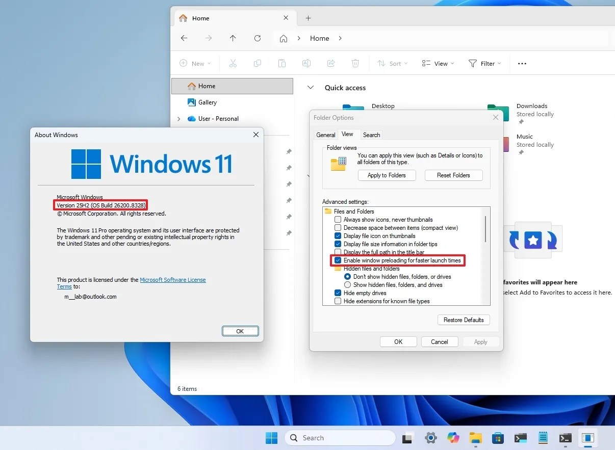 Windows 11 desktop showing "About Windows" and "Folder Options" windows. Version 25H2 noted. Highlighted options: version details and preloading settings.