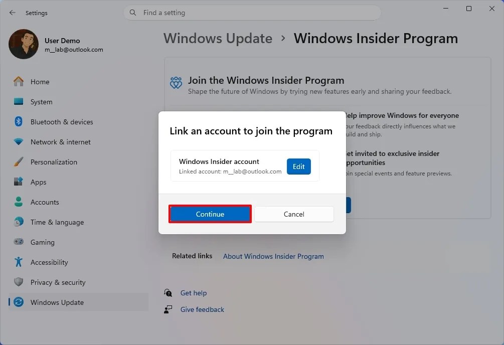 Insider Program link Microsoft account