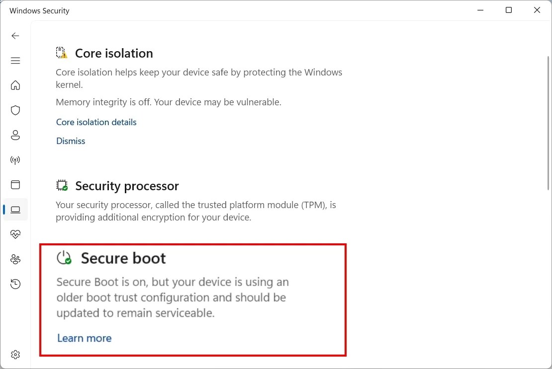 Secure Boot older trust config and should be updated to remain serviceable