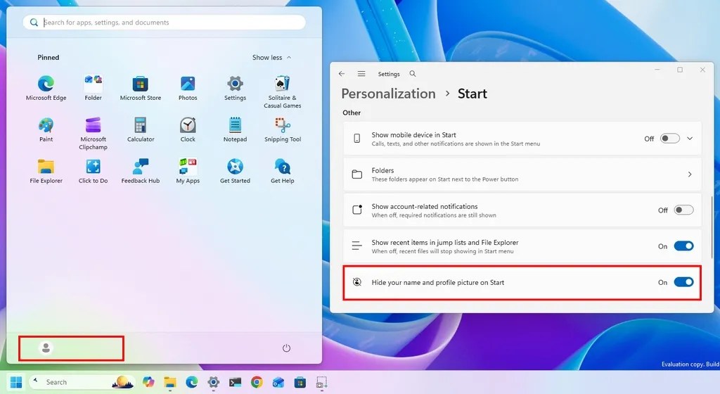 Start menu hide name and profile image