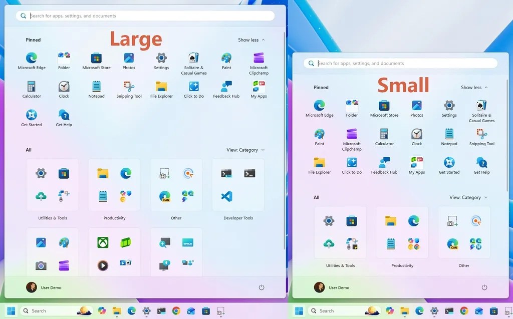 Start menu large (left) and small (right)