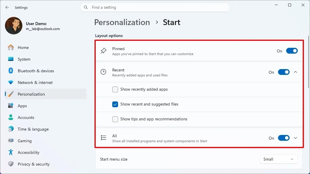 Start menu new layout settings