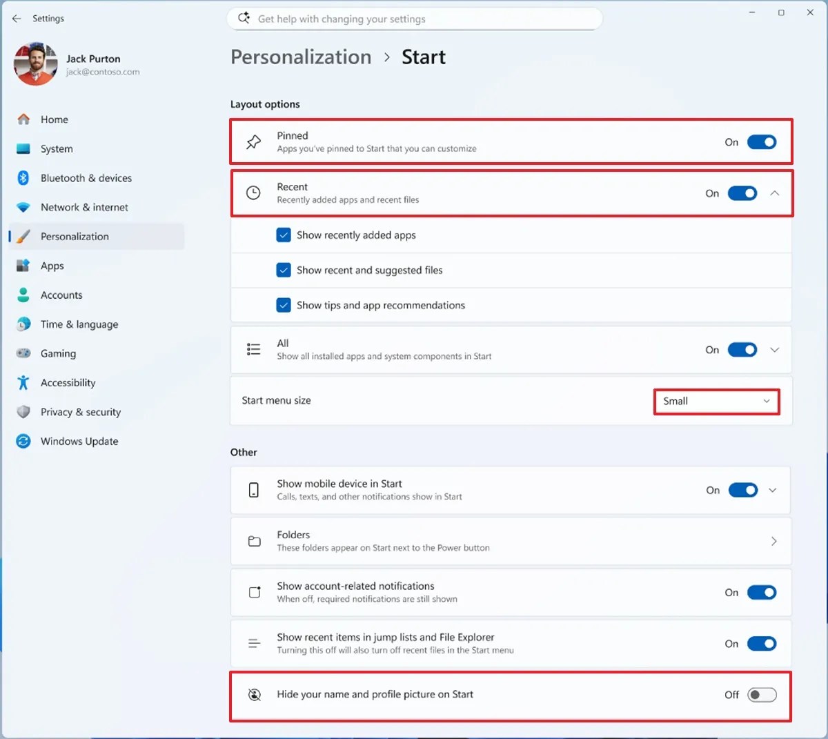 Start menu resize and other settings