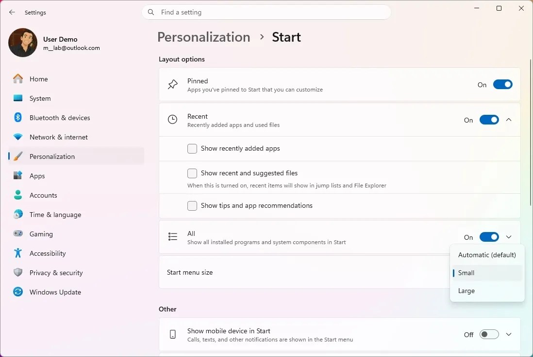 Start menu new settings