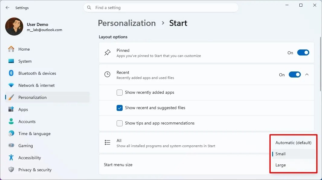Start menu new small, large, automatic sizes
