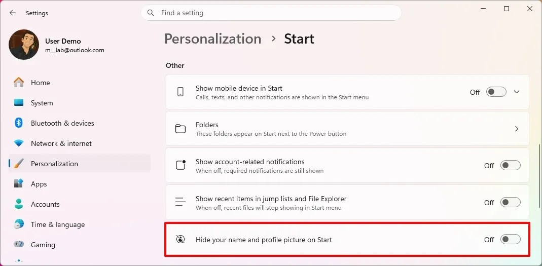 Start menu hide name and picture