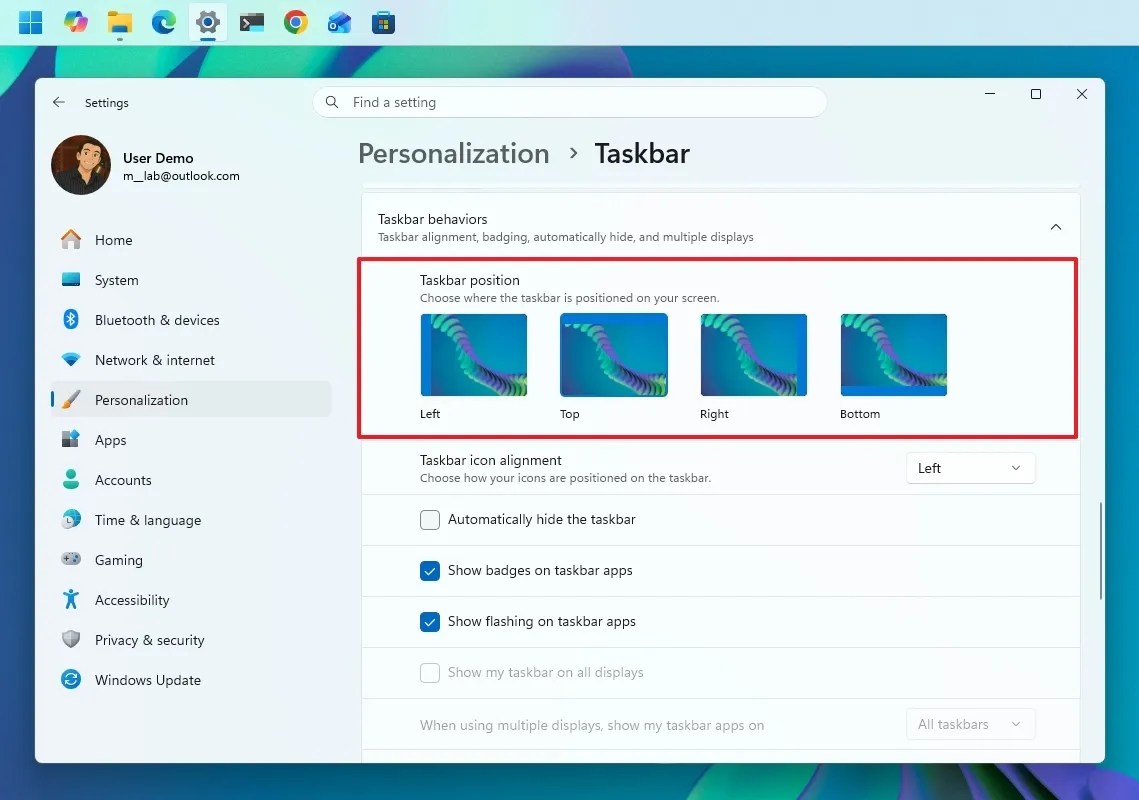 Taskbar position setting