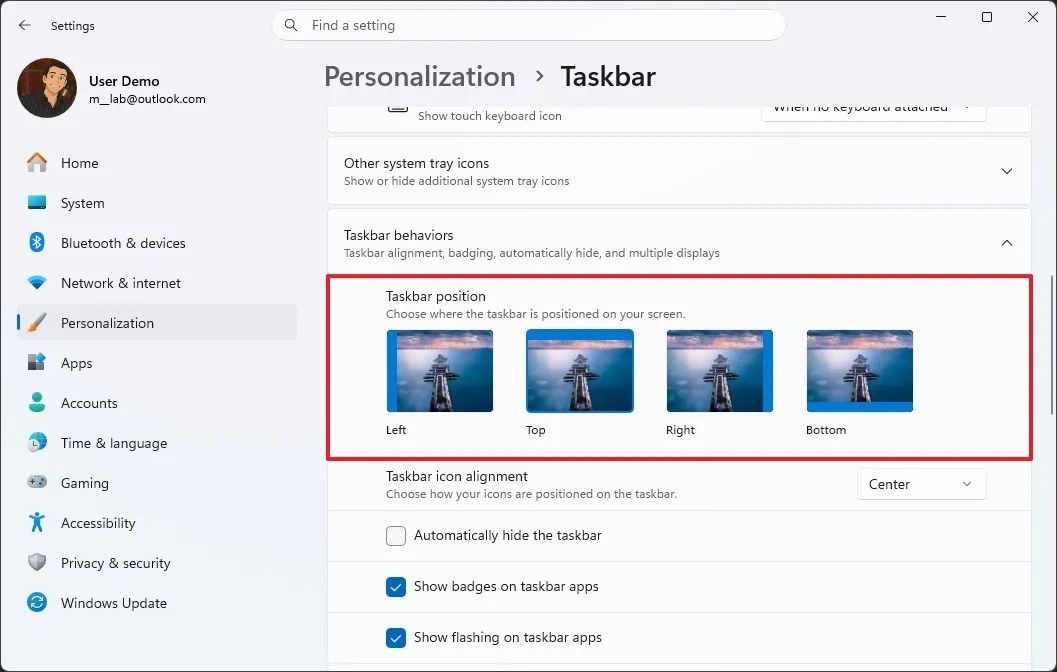 Taskbar position settings