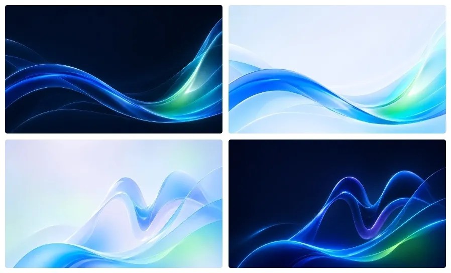 A collage of four abstract digital art pieces featuring dynamic, flowing blue and green waves on light and dark backgrounds, creating a sense of movement.