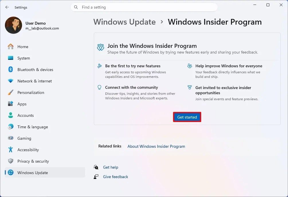 Insider Program Get Started option