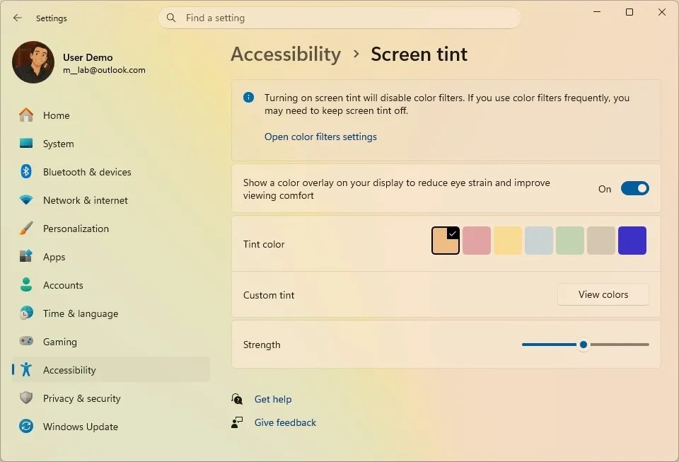 Screen Tint settings