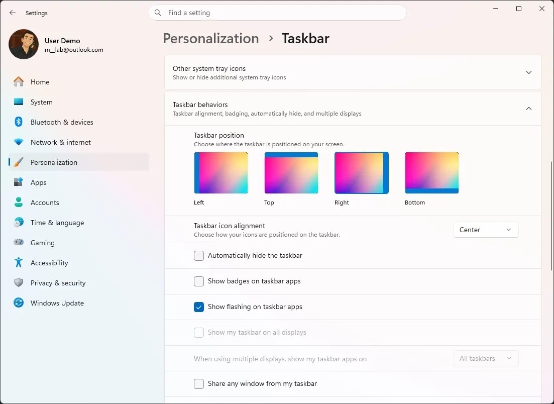Taskbar position settings