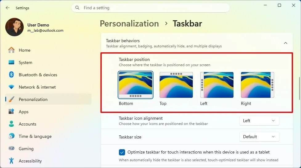 Taskbar positioning setting
