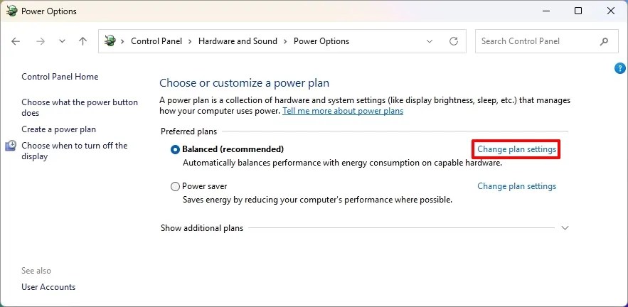 Control Panel Change plan settings