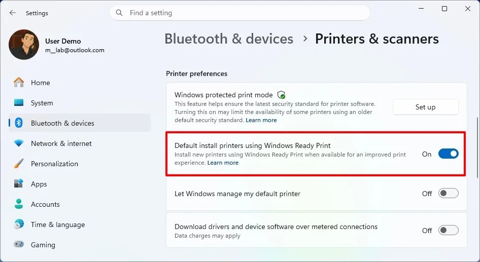 Default install printers using Windows Ready Print