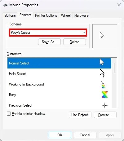 Windows 11 Mouse Properties change cursor